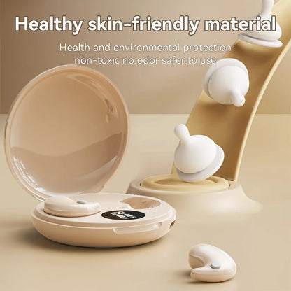 Cream-colored wireless sleep earbuds with soft silicone tips in a matching case for mini headphones gaming and sport headphones hifi