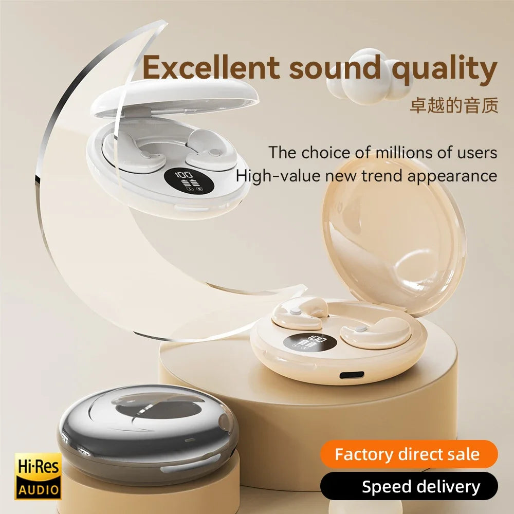 White and beige wireless sleep invisible earbuds with sleek rounded design in matching charging cases mini headphones gaming sport headphones hifi music tws earphones
