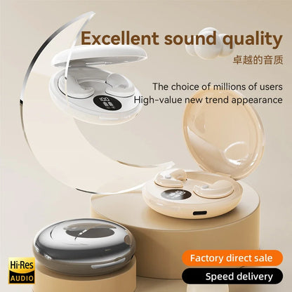 White and beige wireless sleep invisible earbuds with sleek rounded design in matching charging cases mini headphones gaming sport headphones hifi music tws earphones