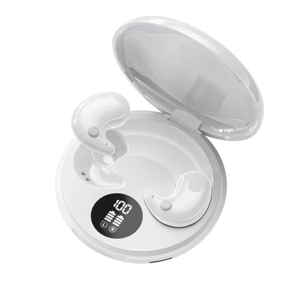 White wireless sleep invisible earbuds in glossy charging case with digital display showing 100% battery for sport headphones hifi and mini headphones gaming