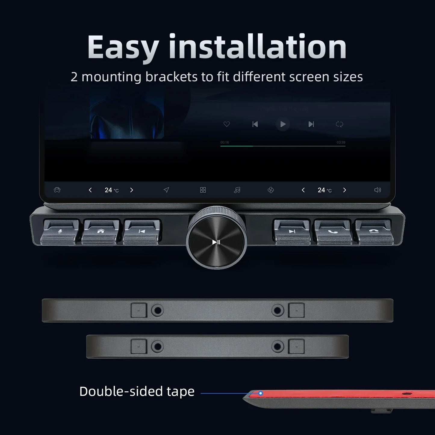 Black wireless smart in-vehicle multimedia remote controller with central rotary dial and silver accent buttons for car multimedia