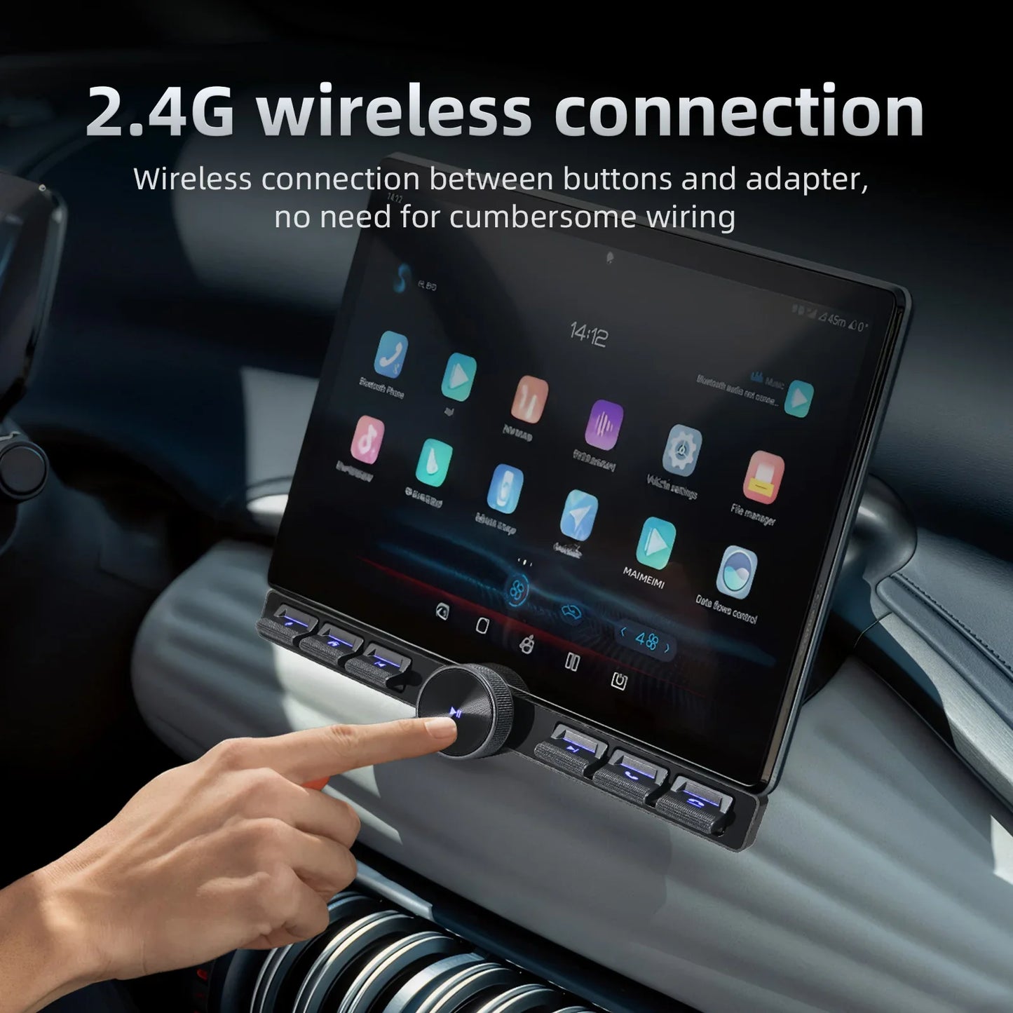 Black touchscreen car multimedia remote controller with central rotary dial and 2.4g wireless connectivity for seamless pairing