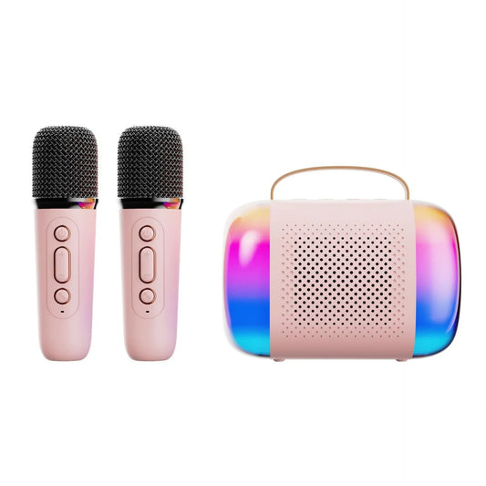 Pink wireless speaker microphone karaoke mini portable system with two microphones and perforated front panel speaker