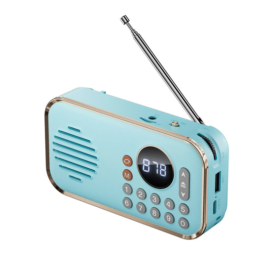 Light blue retro-style wireless stereo bluetooth speaker with metallic antenna gold trim and multi-band radio function