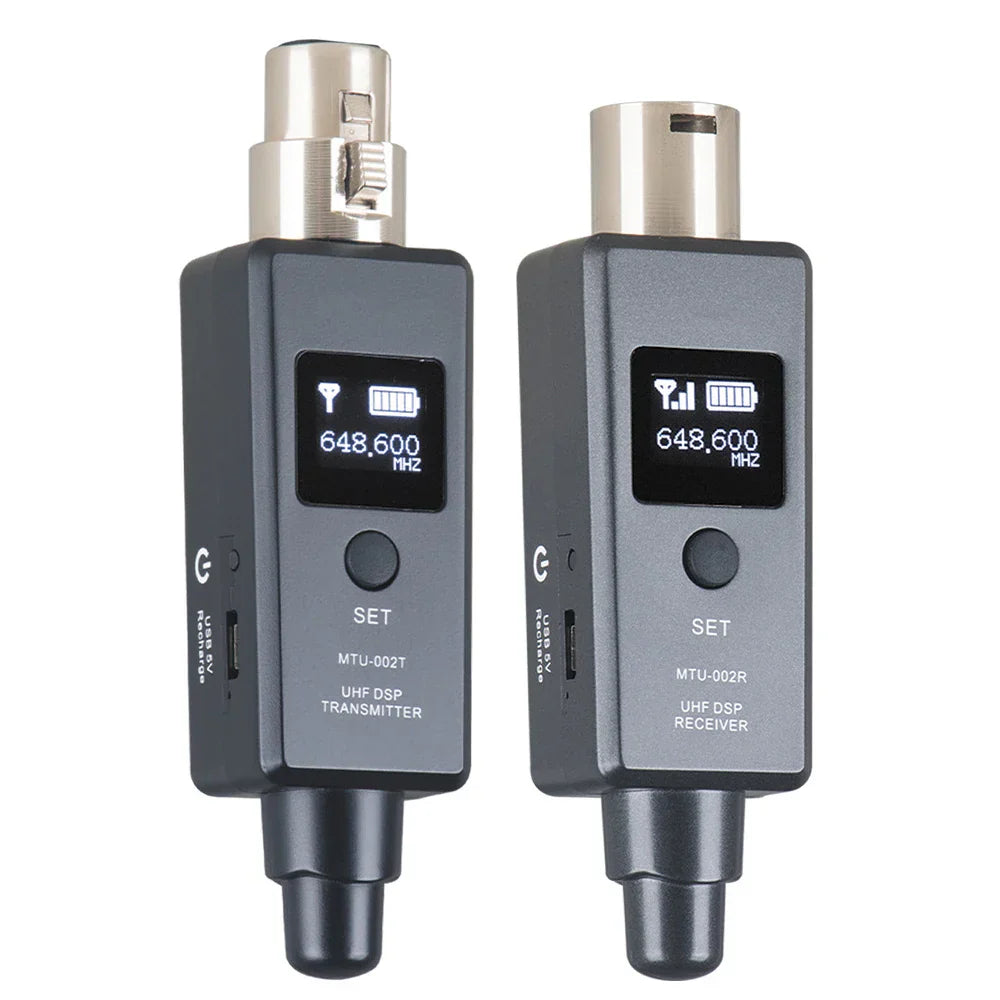 Black uhf dsp wireless system transmitter receiver handheld with capacitive microphone and silver xlr connectors displaying frequency