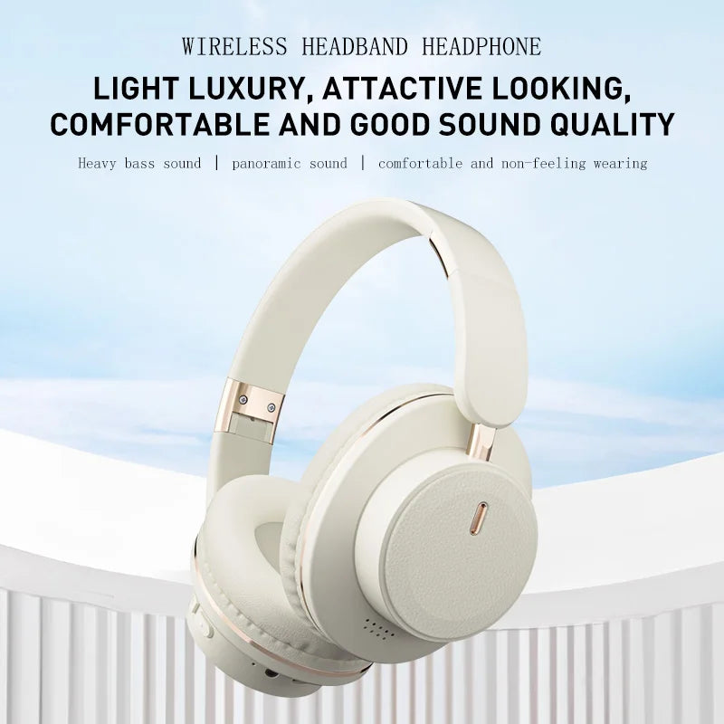 Cream-colored wireless tv headphones with usb adaptor stereo foldable helmet design and metallic accents for samsung tv