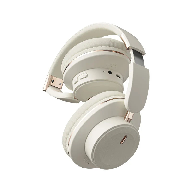Cream-colored wireless tv headphones with rose gold accents usb adaptor stereo foldable helmet design for samsung pc use