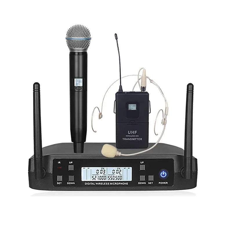 Black wireless uhf microphones with handheld mic bodypack transmitter and dual antenna receiver for karaoke stage performance and party hip hop