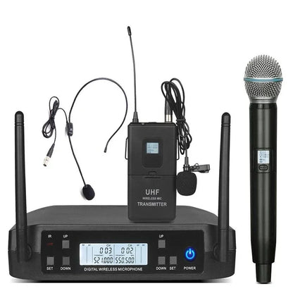Black wireless uhf microphones with handheld and headset mic plus transmitter base for karaoke stage performance party hip hop