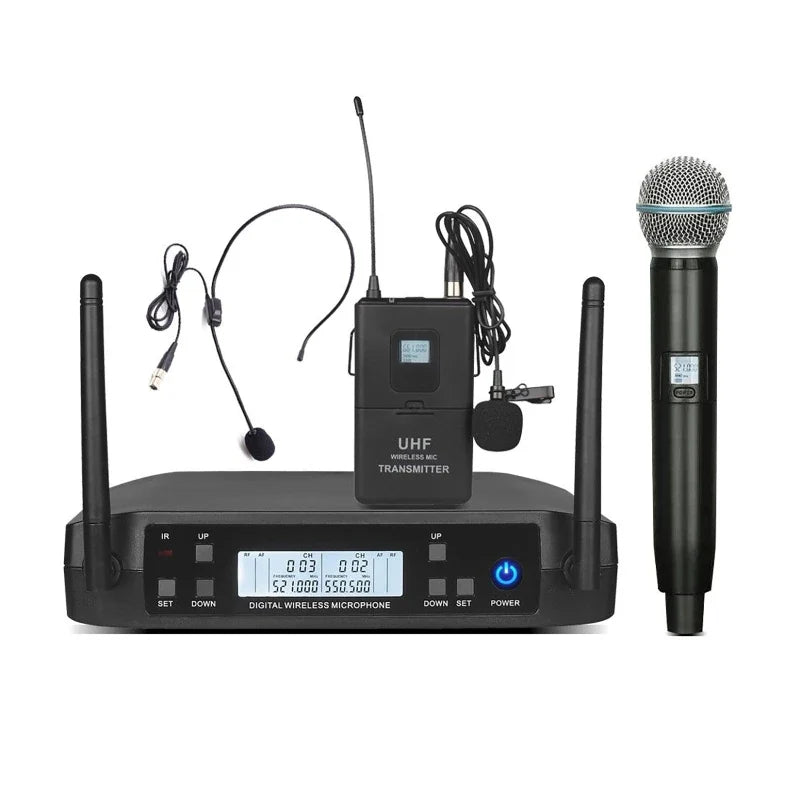 Black wireless uhf microphones with handheld mic, headset mic, and receiver for karaoke stage performance and party hip hop