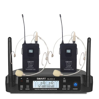 Black smart glxd-4 digital wireless uhf microphones with two transmitters and headsets for karaoke stage performance and party hip hop