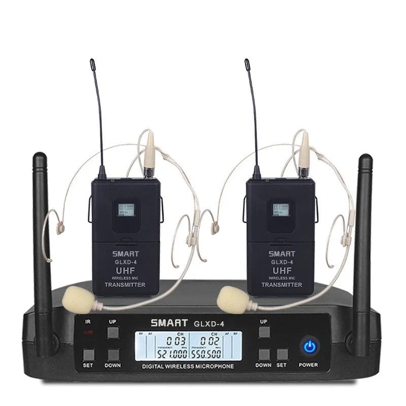Black smart glxd-4 digital wireless uhf microphones with two transmitters and headsets for karaoke stage performance party hip hop