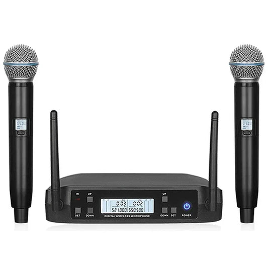 Black wireless uhf microphones with two handheld mics and receiver for karaoke stage performance party hip hop events