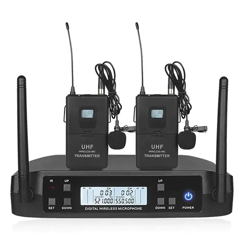 Black wireless uhf microphones with two handheld transmitters and receiver for karaoke stage performance and party hip hop