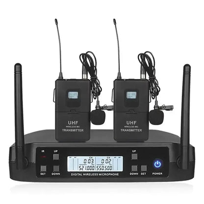 Black wireless uhf microphones with two handheld transmitters and receiver for karaoke stage performance and party hip hop