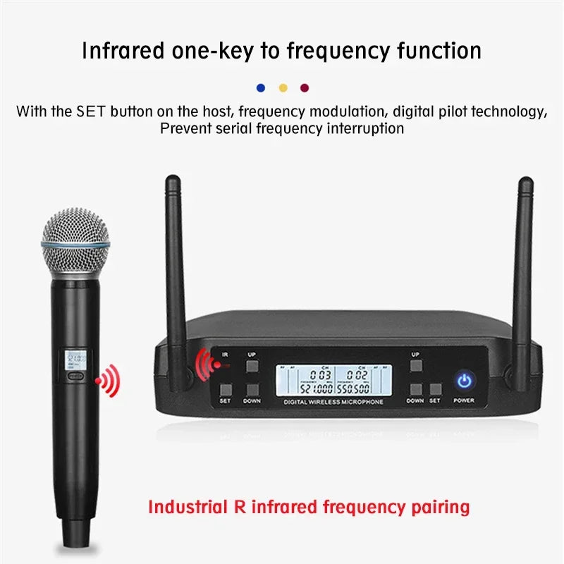 Black wireless uhf microphones with handheld silver mesh grille mic and dual antenna receiver for karaoke stage performance and party hip hop