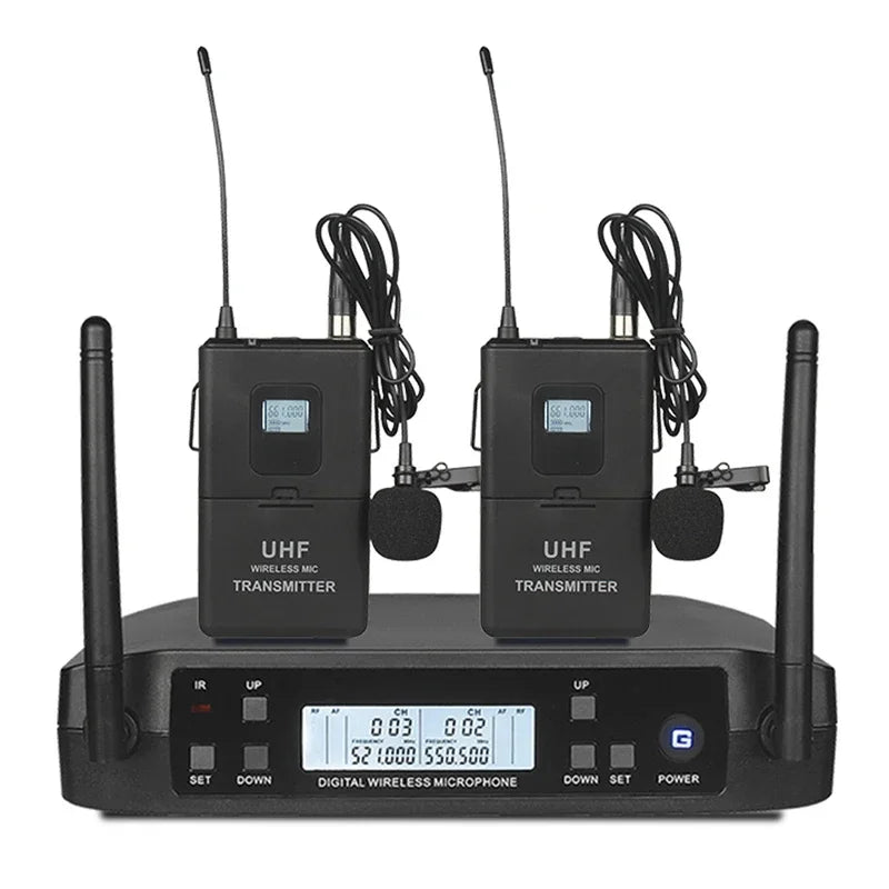 Black wireless uhf microphones with two handheld transmitters and receiver for karaoke stage performance party hip hop