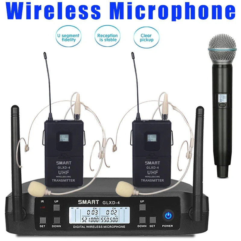 Black smart glxd-4 wireless uhf microphones with two body-worn transmitters and handheld mic for karaoke stage performance and party hip hop
