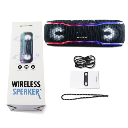 Black mesh-textured wisetiger f10c wireless speaker with colorful led lighting ipx7 waterproof portable sound box