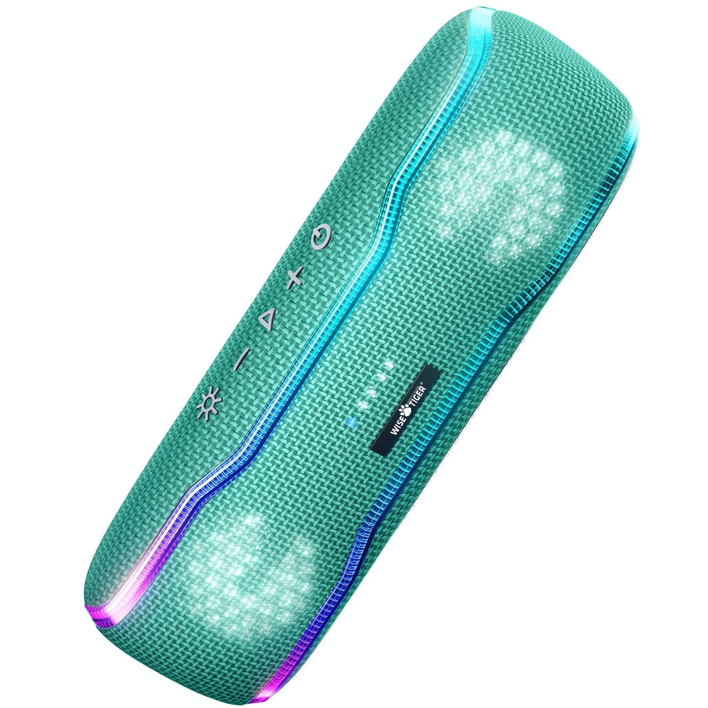 Teal woven-textured wisetiger speaker outdoor portable with ipx7 waterproof, rgb lighting, silver buttons, and fast charger support