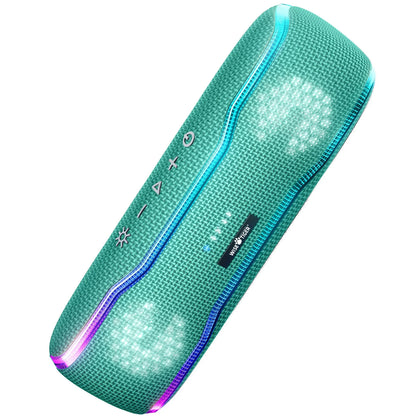 Teal woven-textured wisetiger speaker outdoor portable with ipx7 waterproof, rgb lighting, silver buttons, and fast charger support