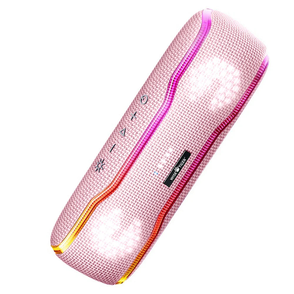 Pink mesh textured wisetiger f10c portable speaker with ipx7 waterproof design and vibrant led lighting accents