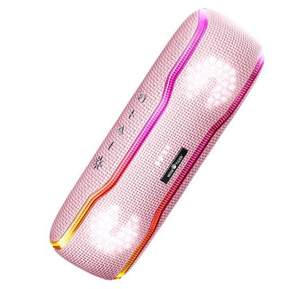 Pink mesh textured wisetiger f10c portable speaker with ipx7 waterproof design and vibrant led lighting accents