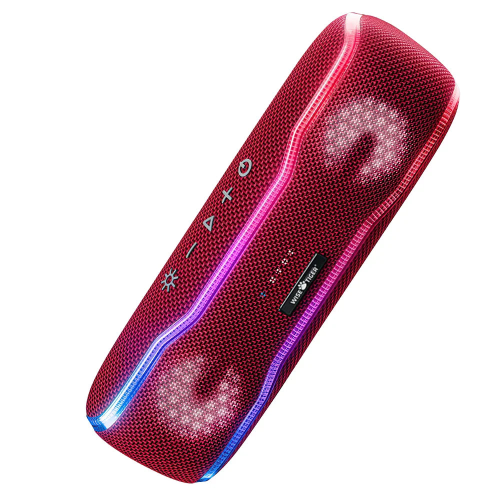 Red textured fabric wiSetiger f10c ipx7 waterproof portable speaker with glowing led light strip and fast charger support