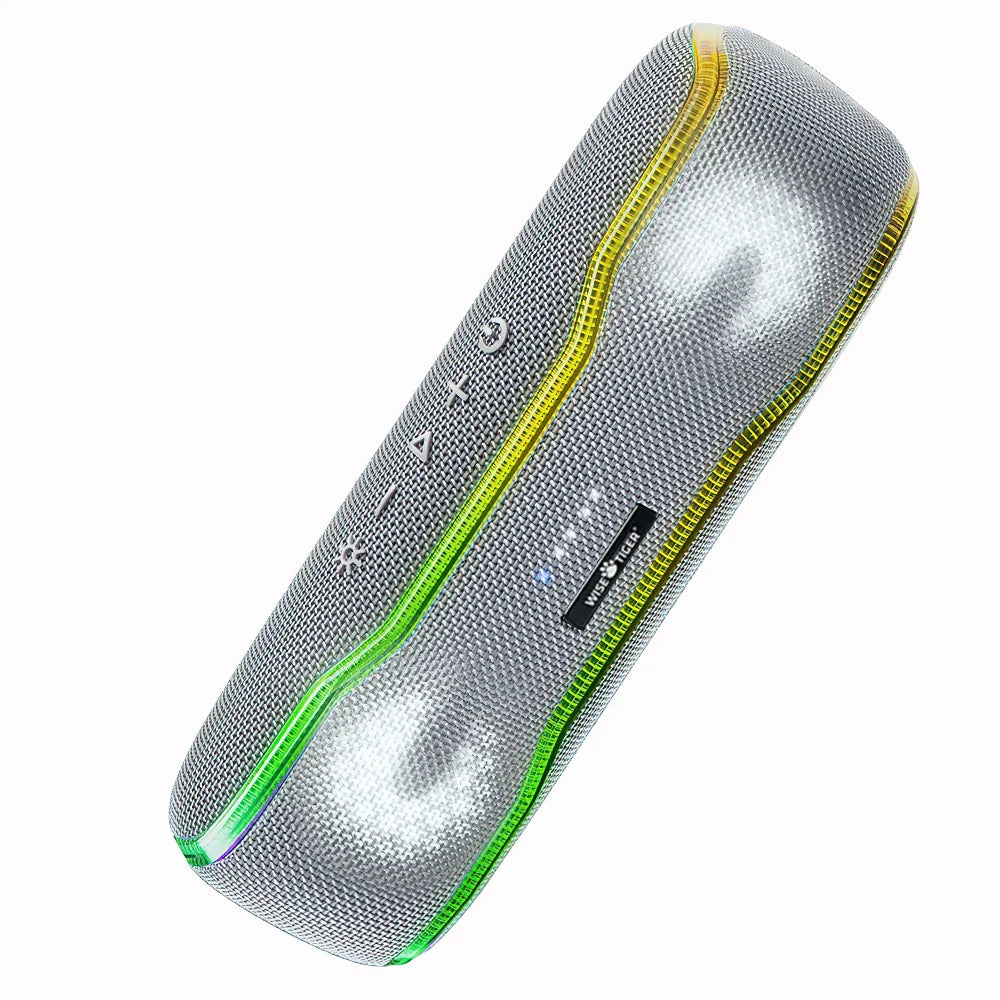 WiseTiger f10c silver mesh portable speaker with vibrant yellow and green led lights ipx7 waterproof fast charger compatible
