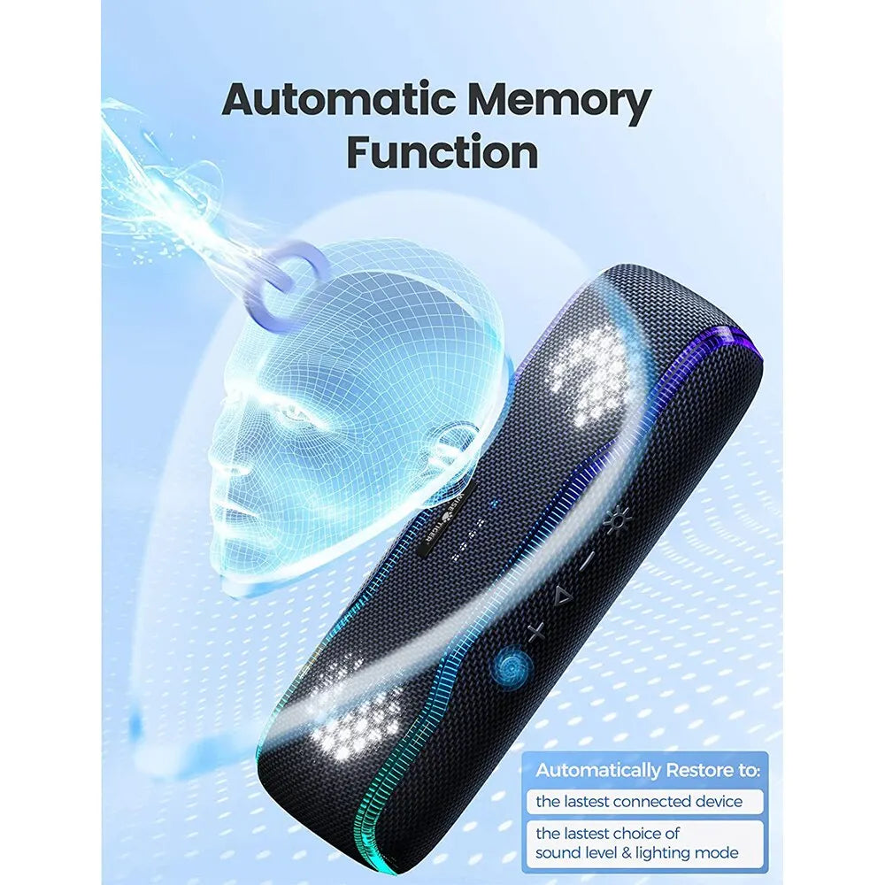 Black textured WISETIGER f10c portable speaker with glowing blue and purple LED accents ipx7 waterproof fast charger compatible