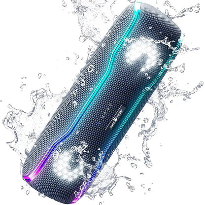 Black textured WISETIGER f10c speaker with ipx7 waterproof rating and vibrant rgb lighting for outdoor use with fast charger