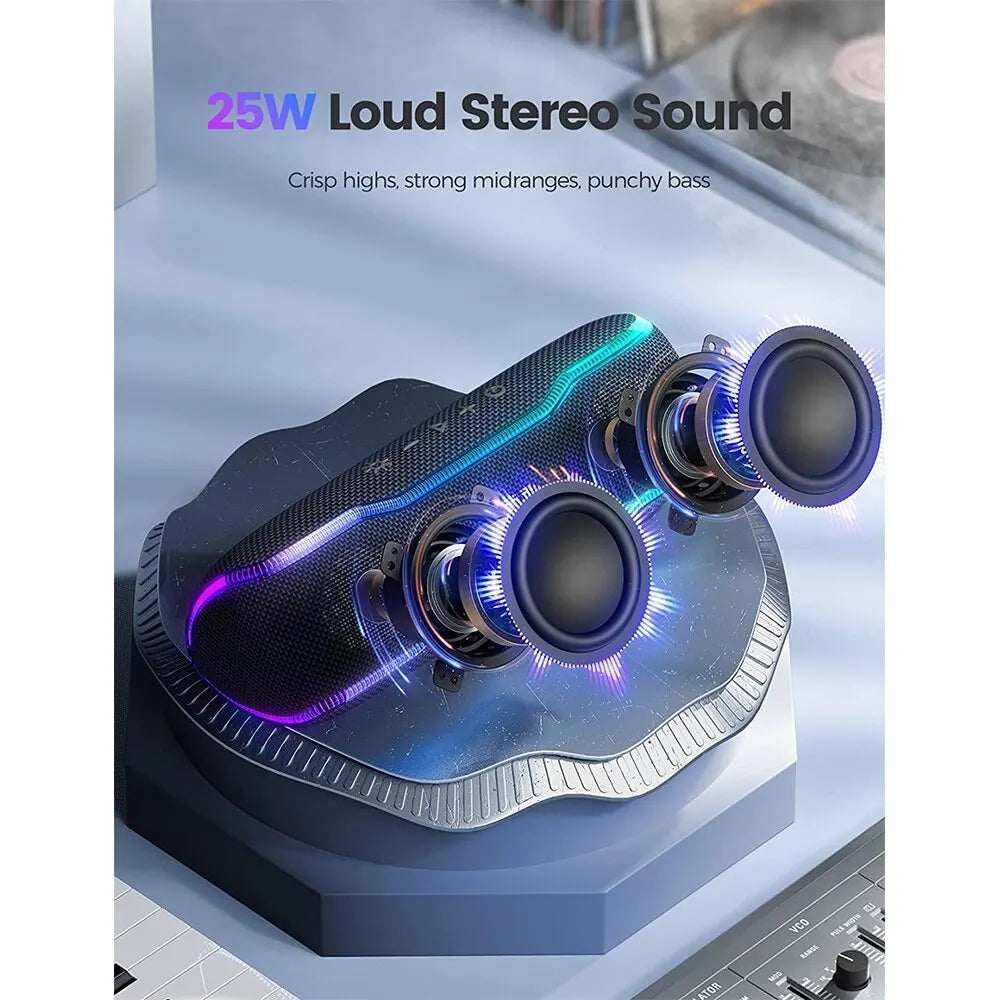 Black textured wisetiger ipx7 waterproof portable speaker with glowing blue and purple led lights and fast charger support