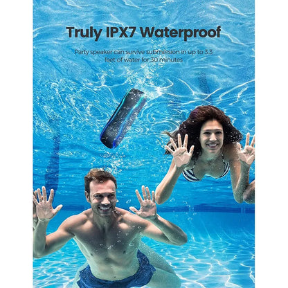Blue and black wisetiger f10c rectangular portable speaker with ipx7 waterproof rating and fast charger support