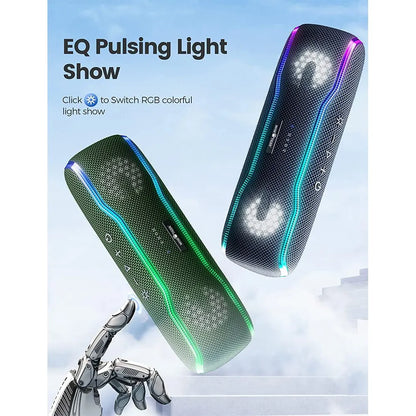 Two sleek f10c rectangular portable speakers with textured black mesh and ipx7 waterproof colorful rgb led lighting edges