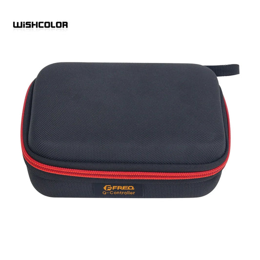 Black textured hard-shell case with red zipper and handle labeled q-freo q-controller for q-controller se freq qlab midi use