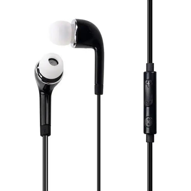 Black in-ear earphone with white silicone tips and control module for high sound quality gaming music video use