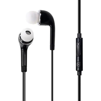Black in-ear earphone with white silicone tips and control module for high sound quality gaming music video use