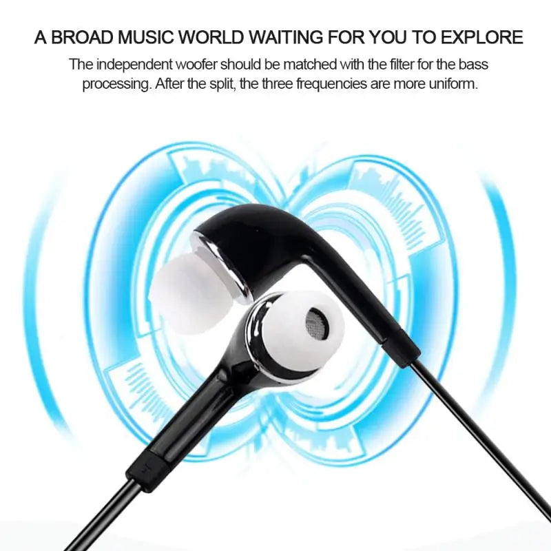Black in-ear earphone with white tips and handfree mic for high sound quality gaming music video on Samsung phone