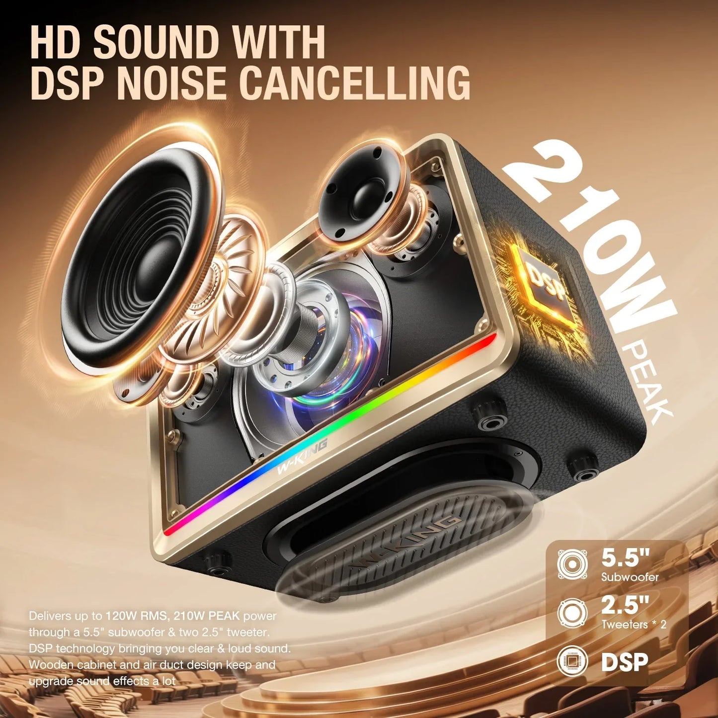 Black and gold wking h330 bluetooth speaker with 120w subwoofer and dsp noise cancelling for hd sound music use