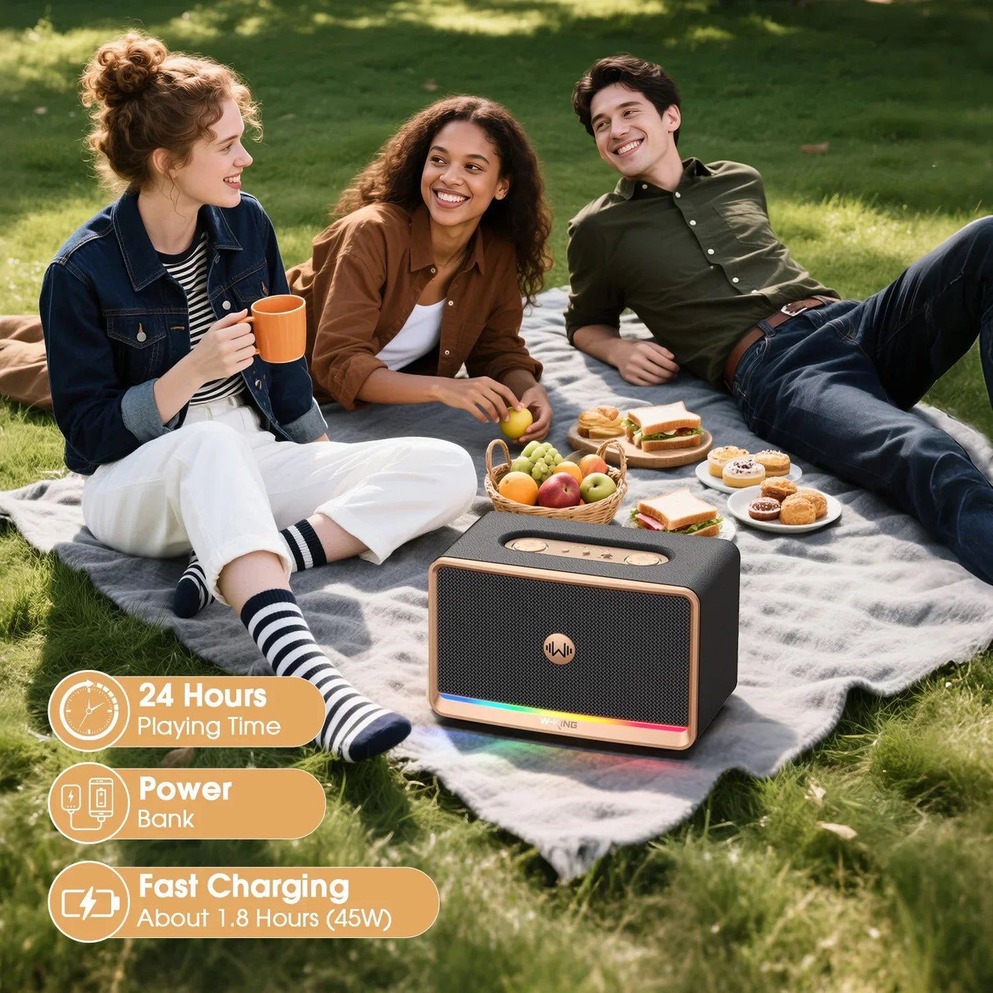 Black and gold wking h330 portable bluetooth speaker with textured grille rainbow led light strip and circular logo on top