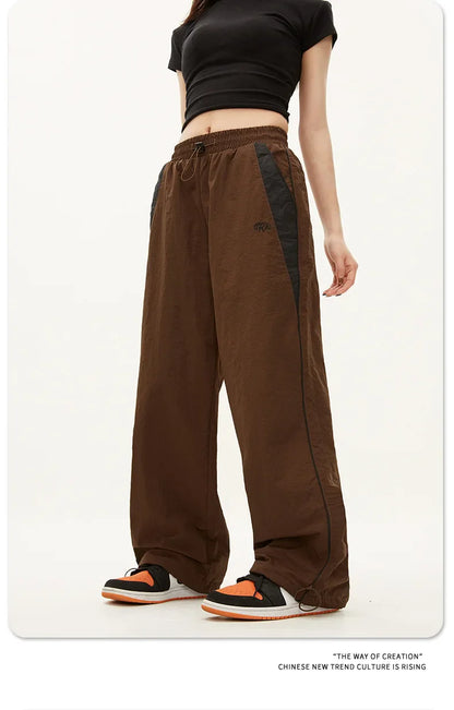 Brown women casual joggers with black side panels and a drawstring waistband oversized sports wide hip hop y2k pants