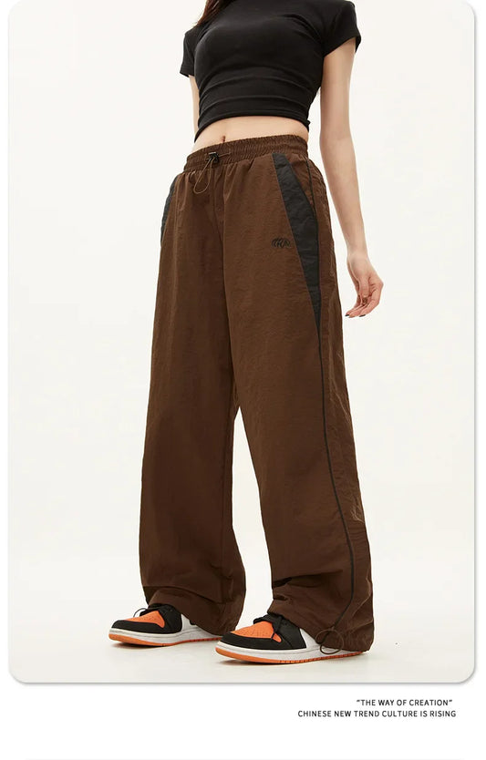 Brown women casual joggers with black side panels and a drawstring waistband oversized sports wide hip hop y2k pants