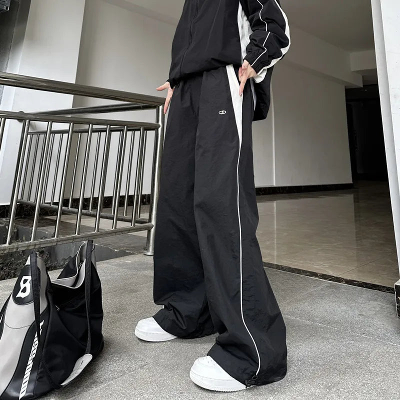 Black women casual joggers with white side stripes and embroidered logo oversized sports wide hip hop y2k pants