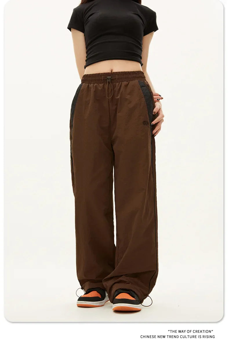 Brown women casual joggers with black side panels drawstring waistband oversized sports wide leg hip hop y2k pants