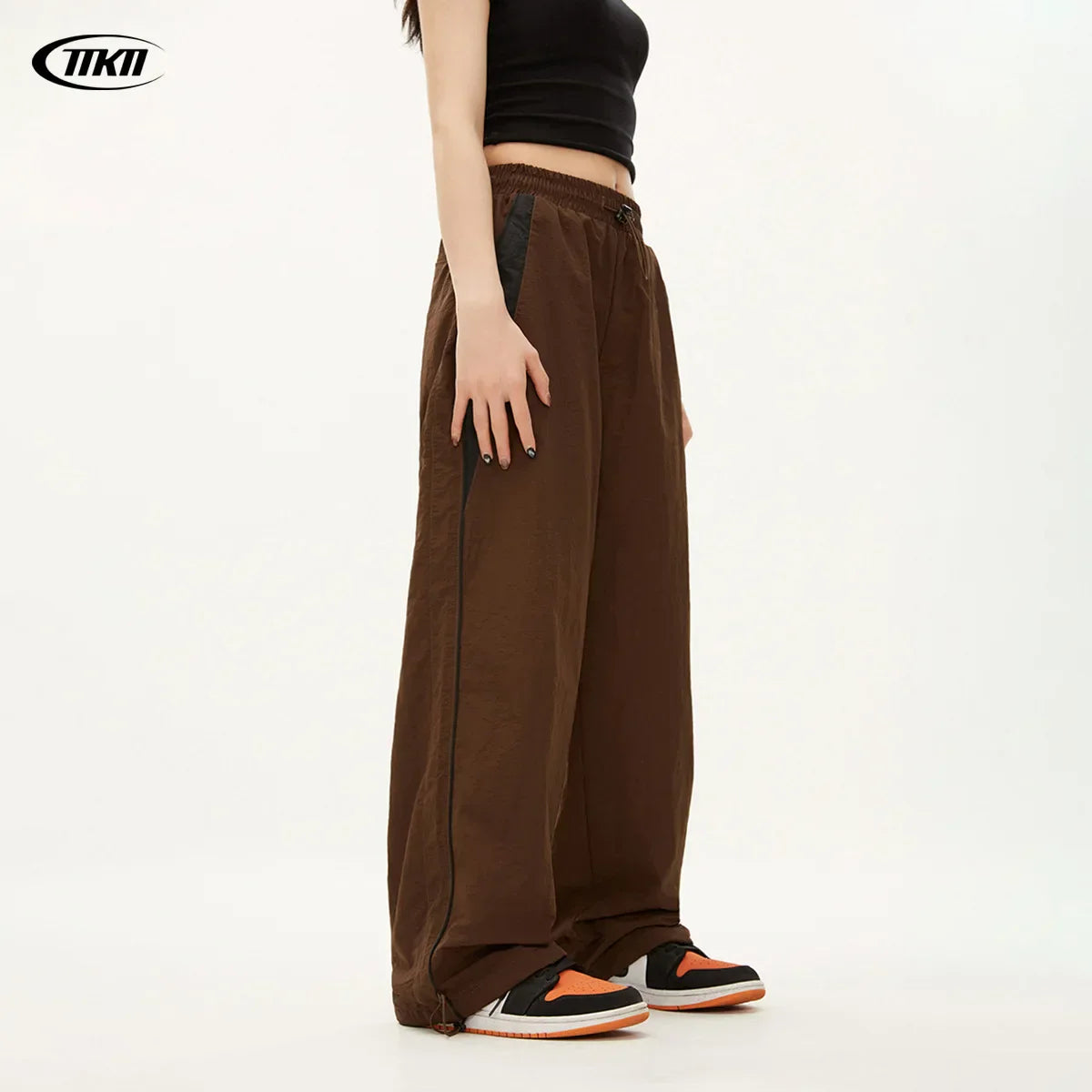 Brown tiki brand women casual joggers with black side panels drawstring waist oversized sports wide leg pants hip hop y2k style