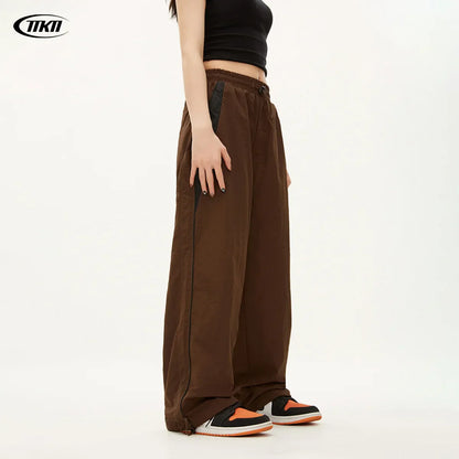 Brown tiki brand women casual joggers with black side panels drawstring waist oversized sports wide leg pants hip hop y2k style