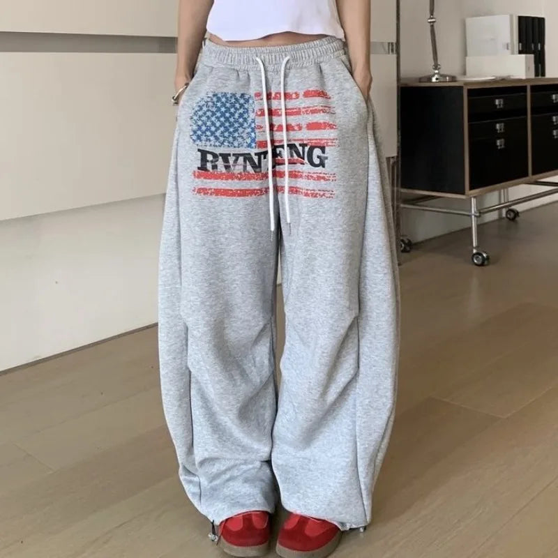 Gray cotton wide leg sweatpants with distressed american flag and rynteng print, versatile american high street sports trousers