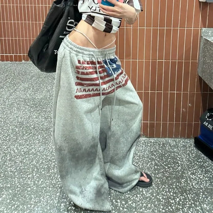 Women gray cotton wide leg sweatpants with faded american high street flag print and drawstring waistband for versatile sports trousers