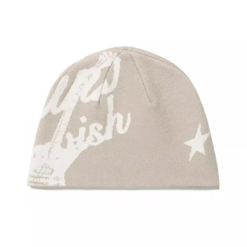 Beige knit hip hop beanie with white cursive you wish text and star graphic for gothic kpop y2k hats streetwear