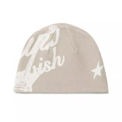 Beige knit hip hop beanie with white cursive you wish text and star graphic for gothic kpop y2k hats streetwear